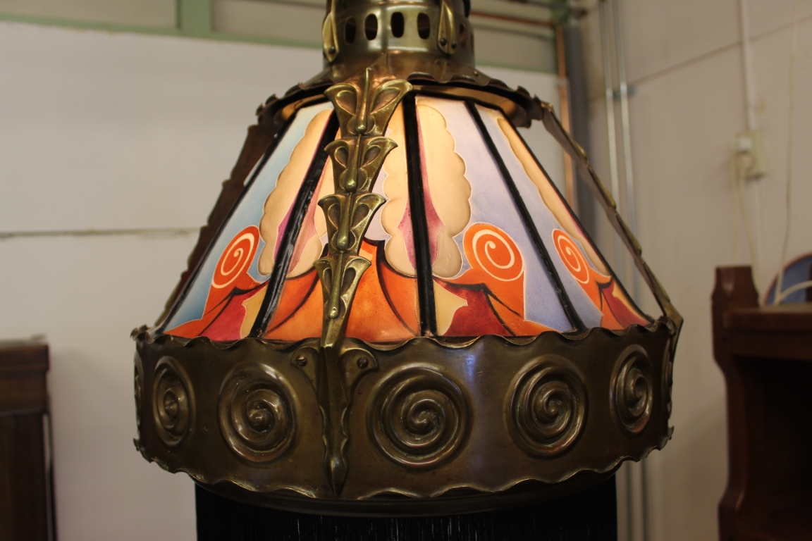 Amsterdamse School gebrandschilderde hanglamp De Nieuwe Honsel